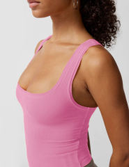 Pink Ribbed Square Neck Sleeveless Tank Top