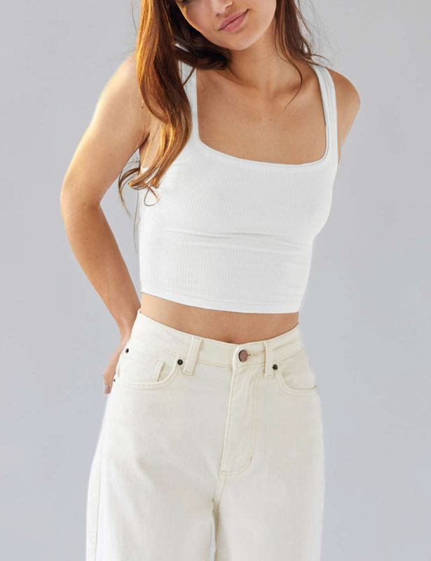 White Ribbed Square Neck Sleeveless Tank Top