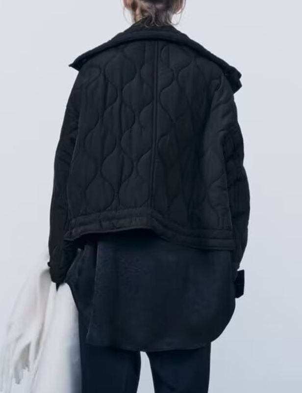 Black Stand Collar Quilted Pocket Coat