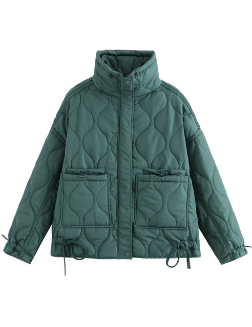 Green Stand Collar Quilted Pocket Coat