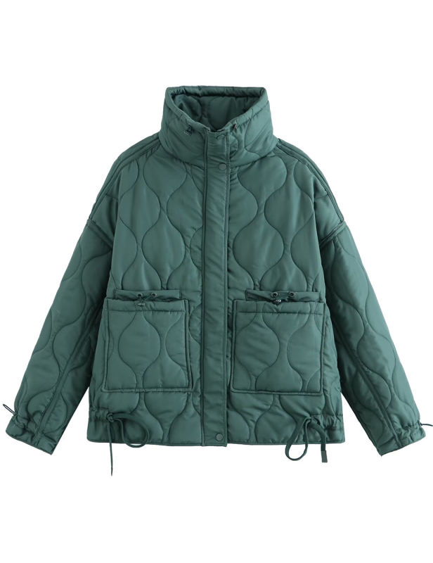 Green Stand Collar Quilted Pocket Coat