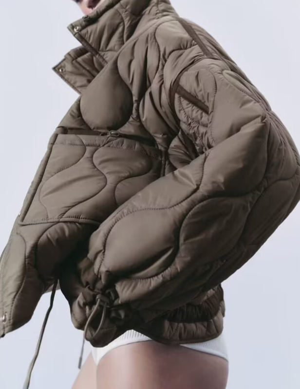 Khaki Stand Collar Quilted Pocket Coat