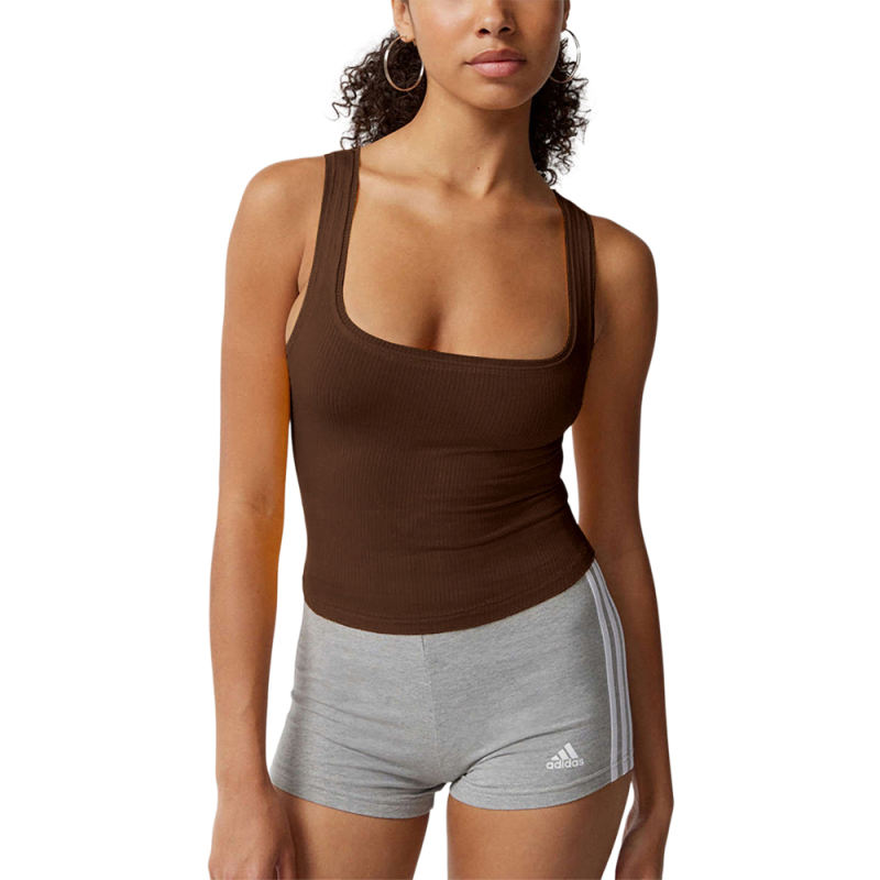 Coffee Ribbed Square Neck Sleeveless Tank Top
