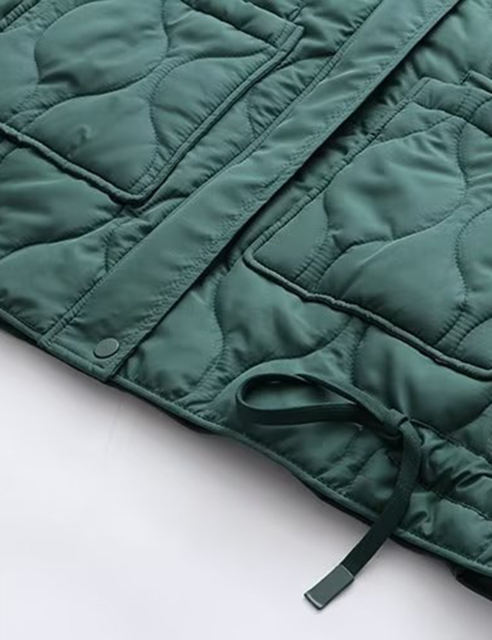 Green Stand Collar Quilted Pocket Coat