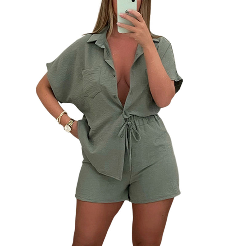 Gray-Green Solid Color Button Shirt and Elastic Shorts Set
