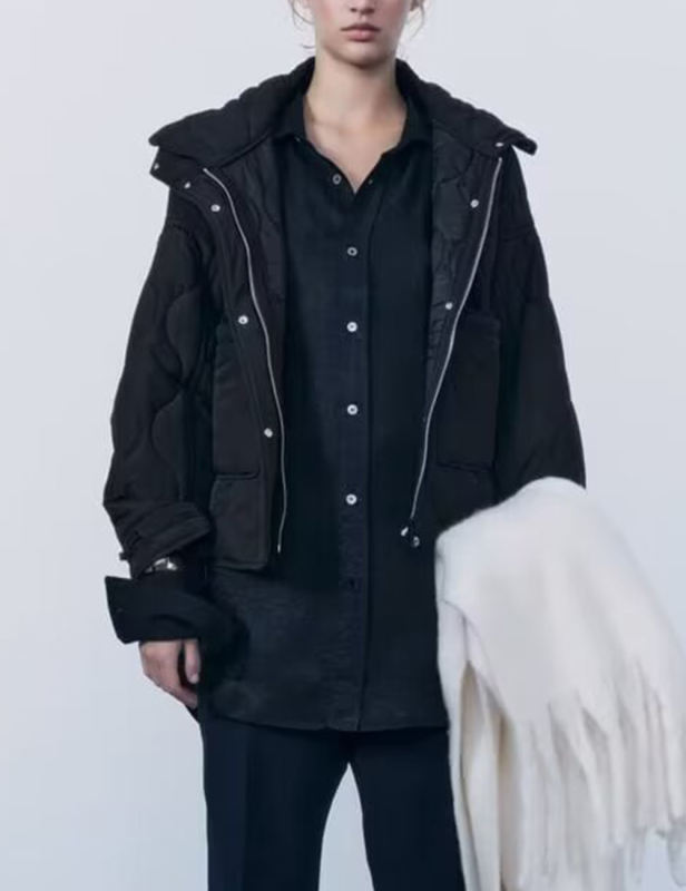 Black Stand Collar Quilted Pocket Coat