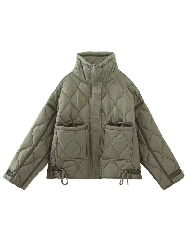 Army Green Stand Collar Quilted Pocket Coat
