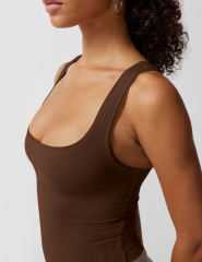 Coffee Ribbed Square Neck Sleeveless Tank Top