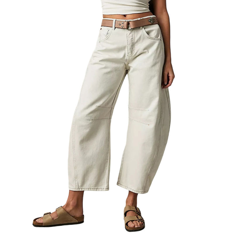 White Mid-rise Wide Leg Washed Denim Pants