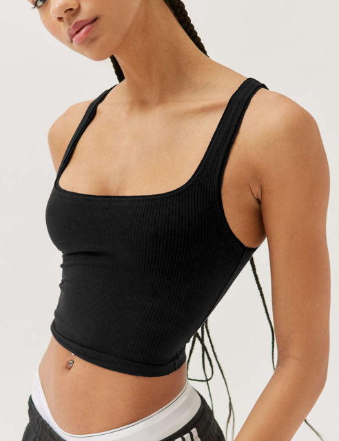 Black Ribbed Square Neck Sleeveless Tank Top
