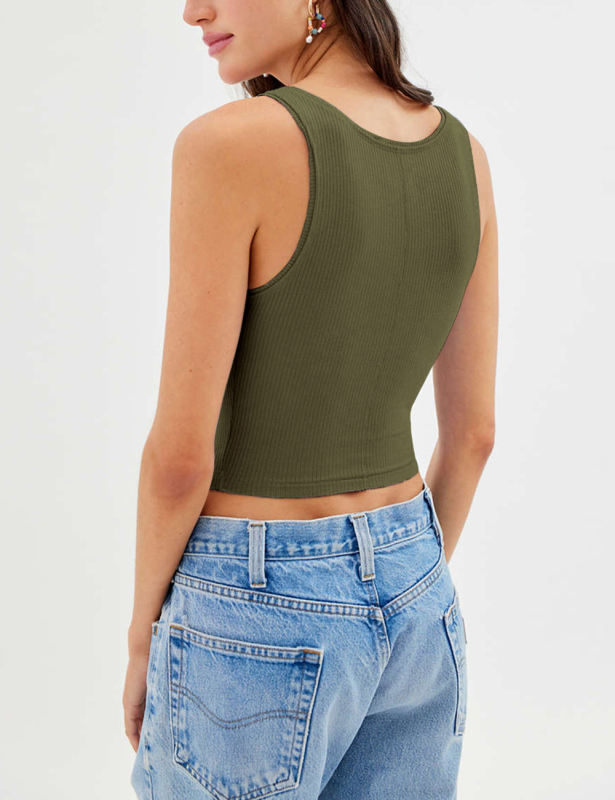 Army Green Ribbed Square Neck Sleeveless Tank Top