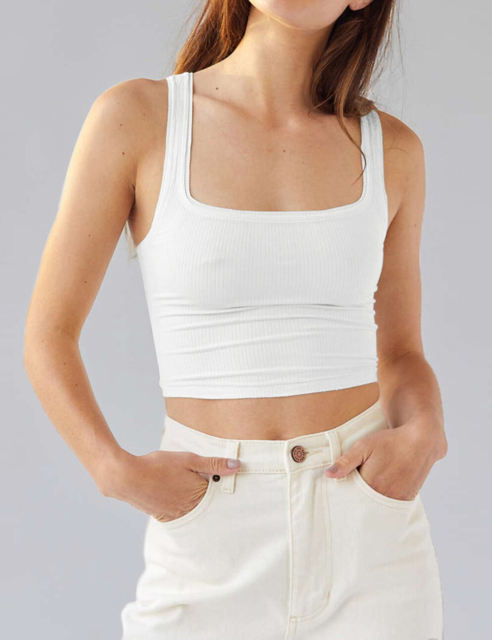 White Ribbed Square Neck Sleeveless Tank Top