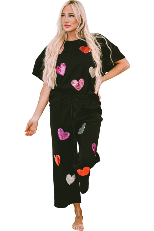 Black Shiny Heart Popping Graphic Textured 2pcs Outfit