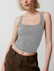 Spend Gray Ribbed Square Neck Sleeveless Tank Top