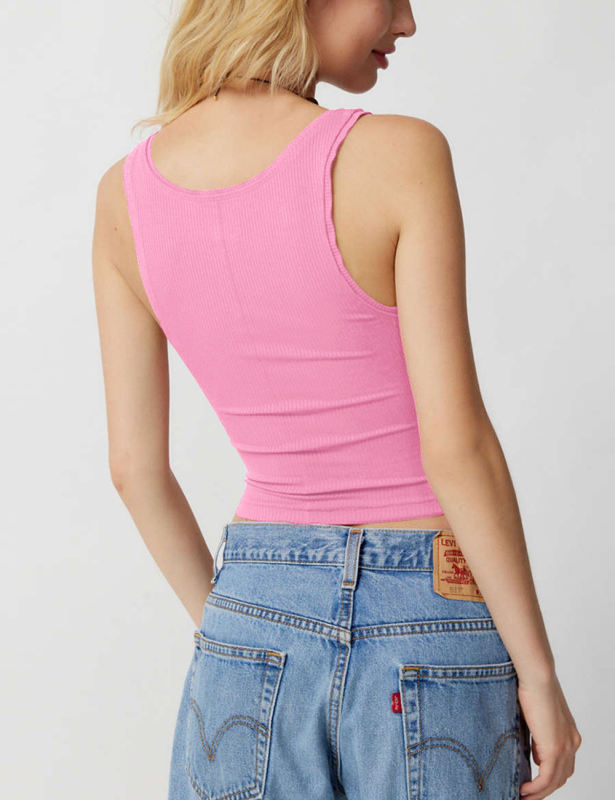 Pink Ribbed Square Neck Sleeveless Tank Top