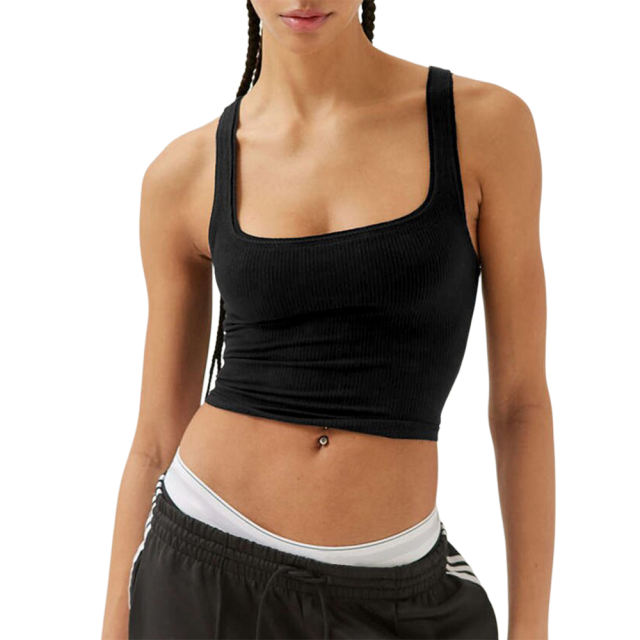 Black Ribbed Square Neck Sleeveless Tank Top
