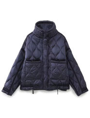 Navy Blue Stand Collar Quilted Pocket Coat