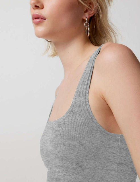 Spend Gray Ribbed Square Neck Sleeveless Tank Top