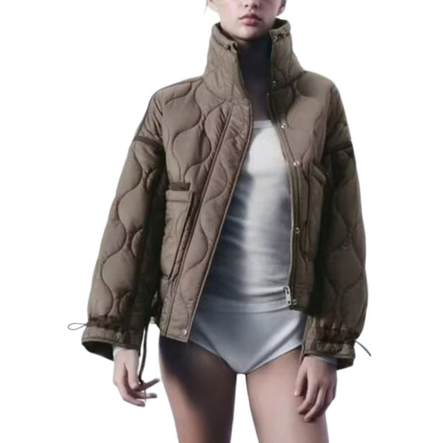 Khaki Stand Collar Quilted Pocket Coat