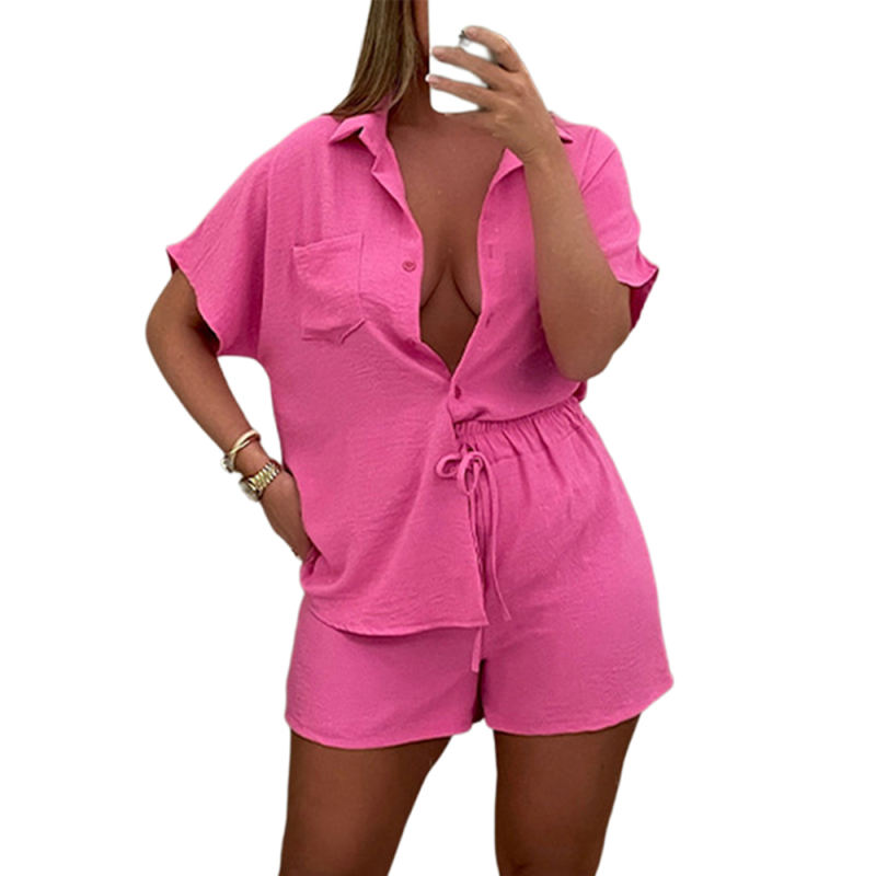 Dark Pink Solid Color Button Shirt and Elastic Shorts Set