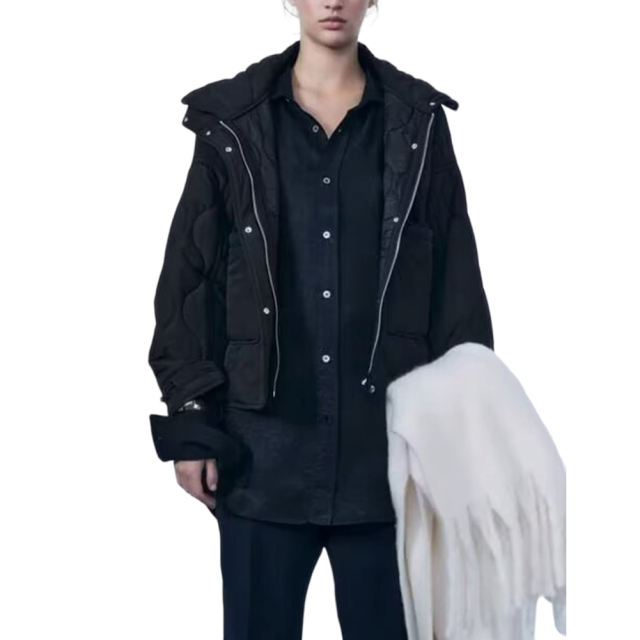 Black Stand Collar Quilted Pocket Coat