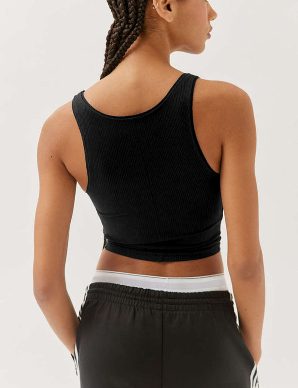 Black Ribbed Square Neck Sleeveless Tank Top