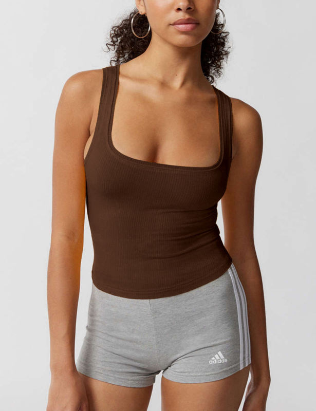 Coffee Ribbed Square Neck Sleeveless Tank Top