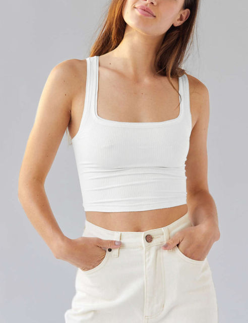 White Ribbed Square Neck Sleeveless Tank Top