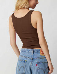 Coffee Ribbed Square Neck Sleeveless Tank Top
