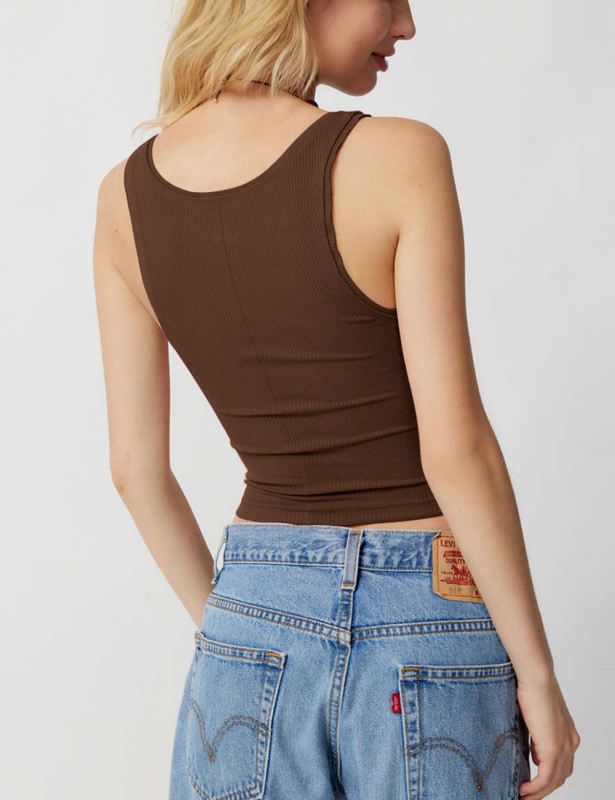 Coffee Ribbed Square Neck Sleeveless Tank Top