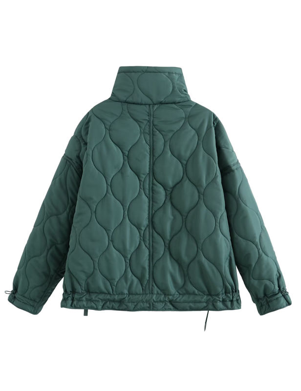 Green Stand Collar Quilted Pocket Coat