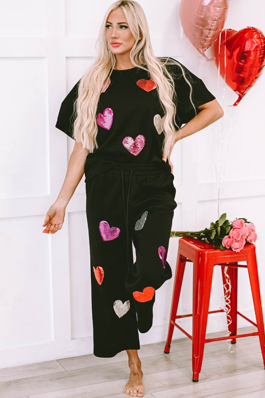 Black Shiny Heart Popping Graphic Textured 2pcs Outfit