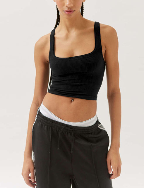 Black Ribbed Square Neck Sleeveless Tank Top