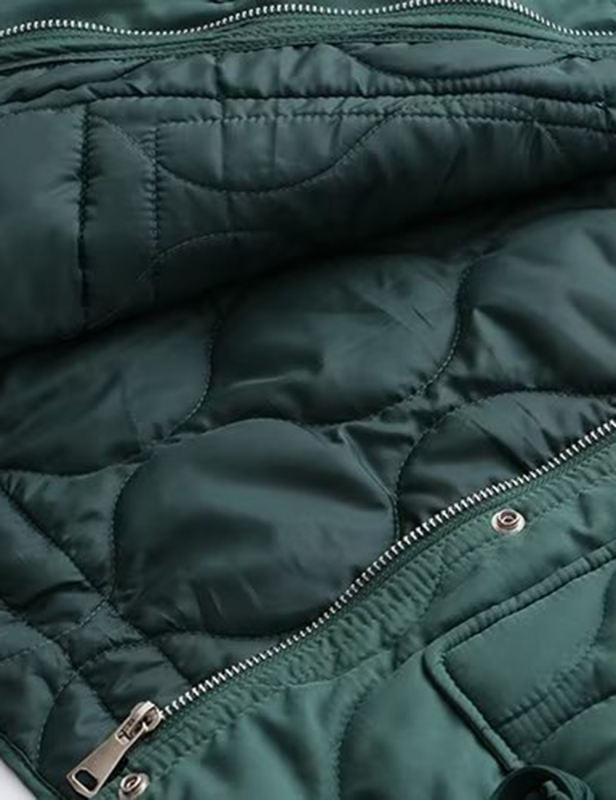 Green Stand Collar Quilted Pocket Coat