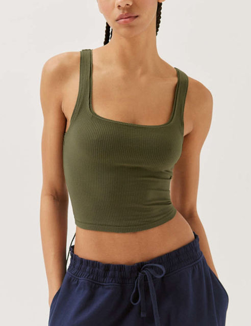 Army Green Ribbed Square Neck Sleeveless Tank Top