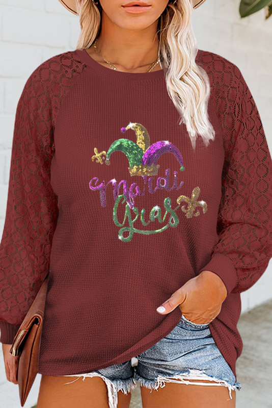 Red Sequin Mardi Gras Lace Raglan Sleeve Plus Size Pullover