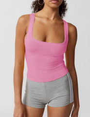 Pink Ribbed Square Neck Sleeveless Tank Top