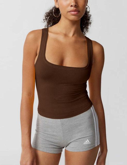 Coffee Ribbed Square Neck Sleeveless Tank Top