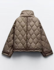 Khaki Stand Collar Quilted Pocket Coat