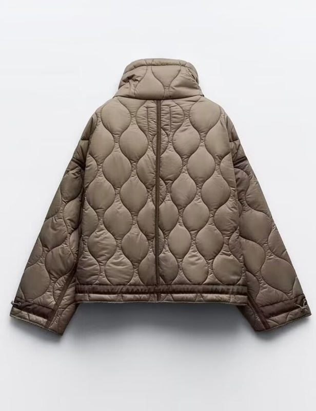 Khaki Stand Collar Quilted Pocket Coat