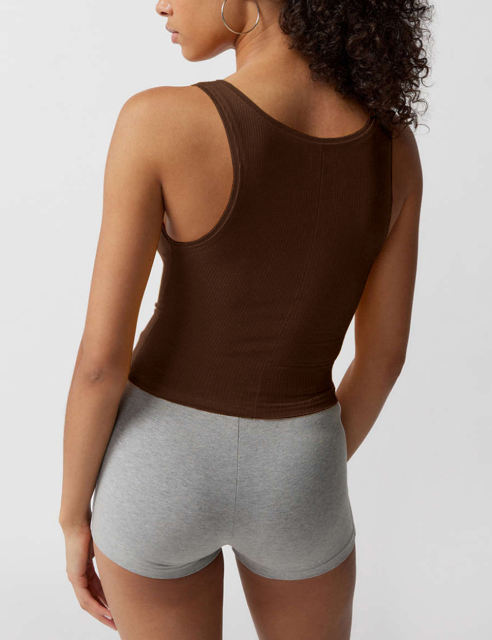 Coffee Ribbed Square Neck Sleeveless Tank Top