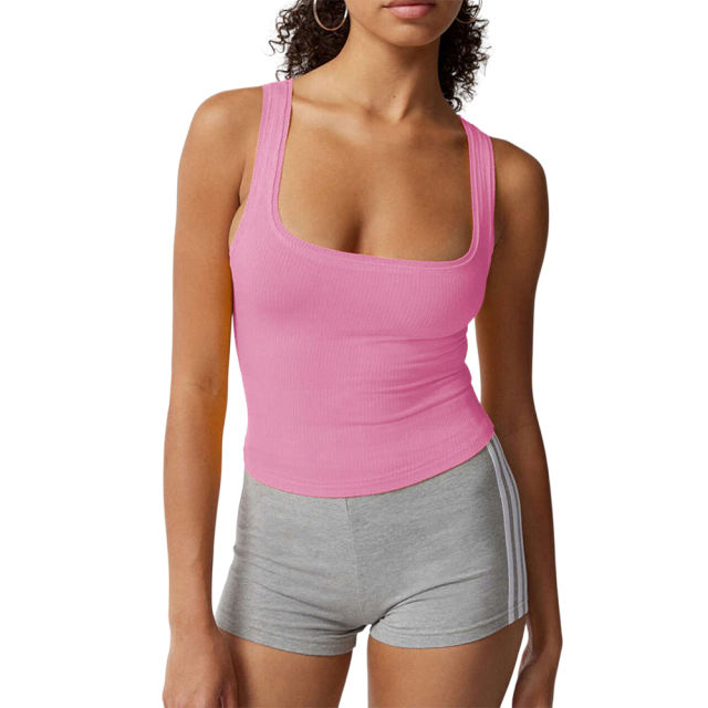 Pink Ribbed Square Neck Sleeveless Tank Top