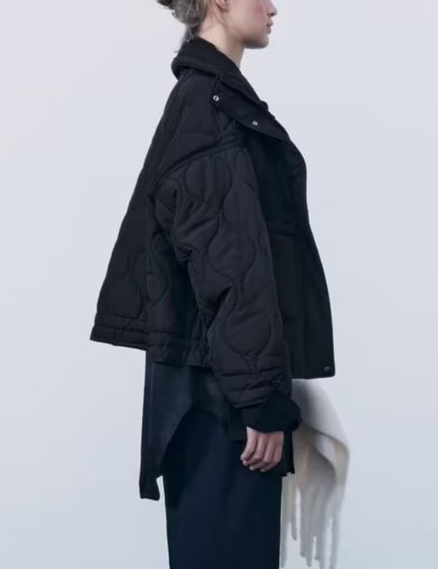 Black Stand Collar Quilted Pocket Coat