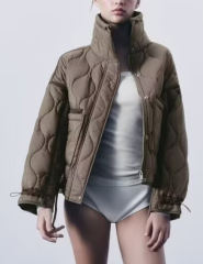 Khaki Stand Collar Quilted Pocket Coat