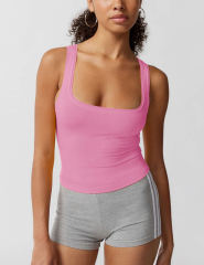 Pink Ribbed Square Neck Sleeveless Tank Top