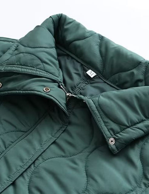 Green Stand Collar Quilted Pocket Coat