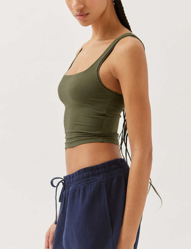 Army Green Ribbed Square Neck Sleeveless Tank Top