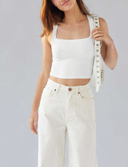 White Ribbed Square Neck Sleeveless Tank Top