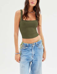 Army Green Ribbed Square Neck Sleeveless Tank Top