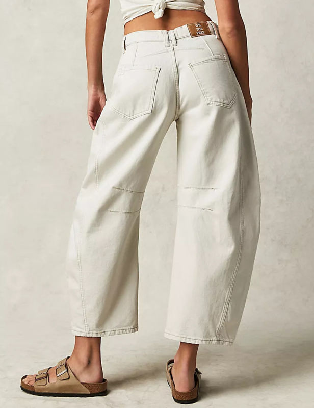 White Mid-rise Wide Leg Washed Denim Pants